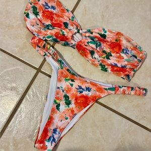 Floral Bandeau Bikini Set - Coral Pink Multicolor